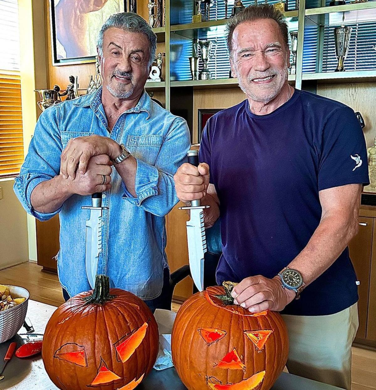 Arnold Schwarzenegger Hangs with Sylvester Stallone for Pumpkin Carving: ‘Happy Halloween’