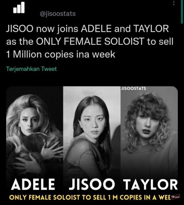 [BP] JISOO now joins ADELE and TAYLOR as the ONLY FEMALE SOLOIST to sell 1 Million copies ina week❤
keren chu??? https://t.co/87zmQUupcz