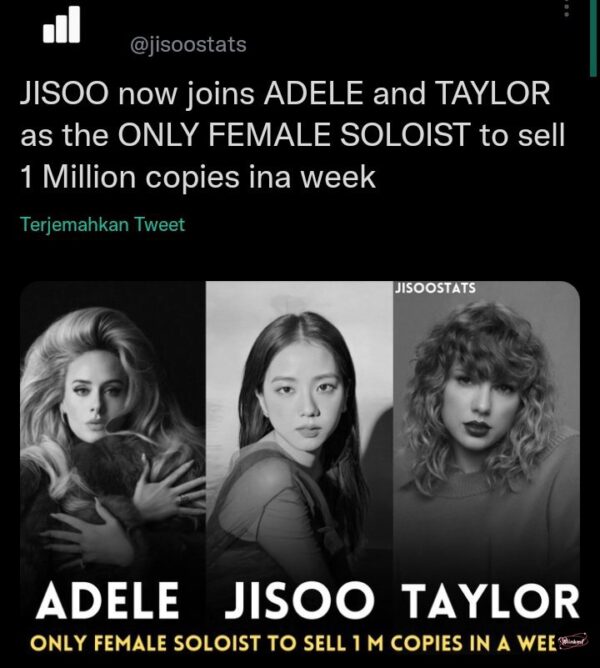 [BP] JISOO now joins ADELE and TAYLOR as the ONLY FEMALE SOLOIST to sell 1 Million copies ina week❤
keren chu🔥🔥🔥 https://t.co/87zmQUupcz