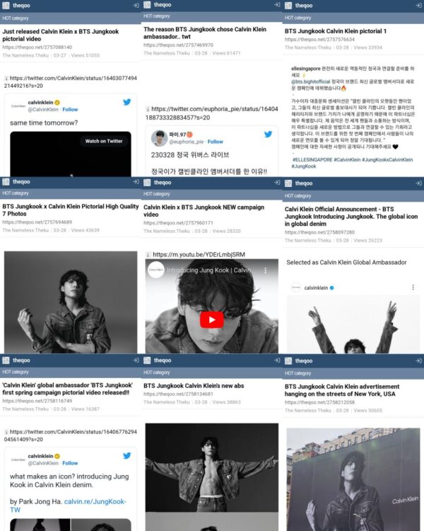 Jungkook x @CalvinKlein has also taken over the Korean Community  ‘theqoo’ by storm, as 15 posts of Jungkook’s Calvin Klein ads, pictures and billboards are trending in the HOT category. https://t.co/iGjOITbShS