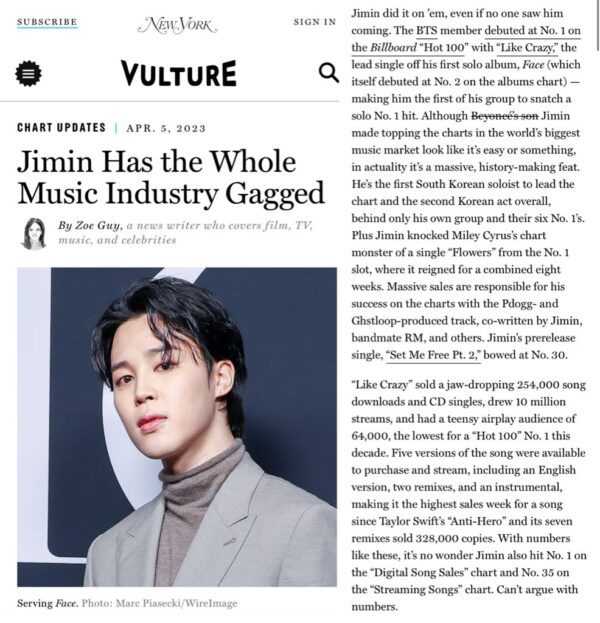 According to Vulture, “Jimin Has the Whole Music Industry Gagged”🔥

“Although (Beyoncé’s son) Jimin made topping the charts in the world’s biggest music market look like it’s easy or something, in actuality it’s a massive, history-making feat.“ https://t.co/plTUba7A6W