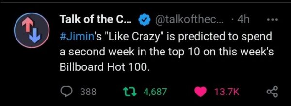 ?UPDATE: "Like crazy" by Jimin is predicted to spend 2nd week in the top 10 of billboard hot 100.

Taylor Swift still holds the record of biggest fall from #1 in hot 100 history. It's been more than 2 years and no one has touched this record.

Congratulations Taylor Swift!! https://t.co/uAoBrKj5uo