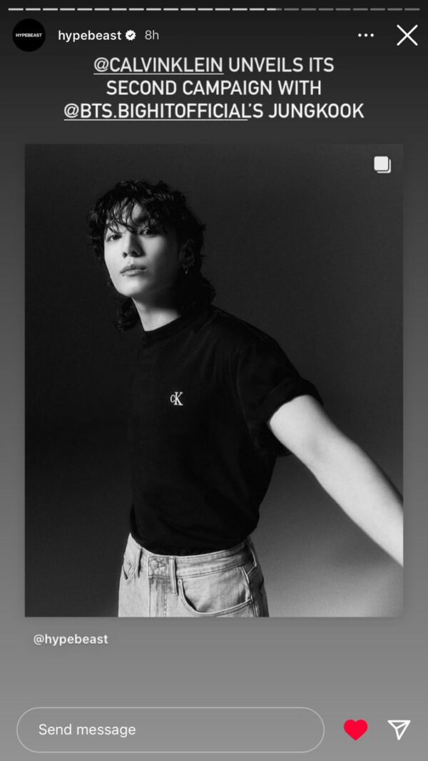 Hypebeast magazine that featured the latest in men’s fashion with ‘ore than 10.5 M follower on Instagram posted Jungkook in Calvin klein posts in their story : “@CalvinKlein unveils the second campaign with @/ bts.bighitofficial’s jungkook “ https://t.co/9AlLhPZ3dr