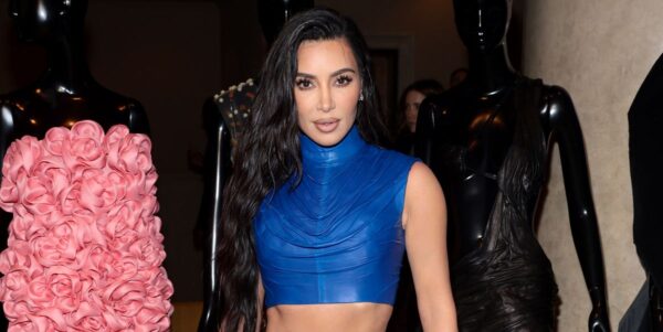Kim Kardashian Bares Her Midriff in a Blue Leather Co-ord