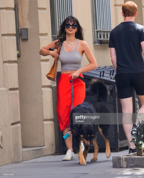 Emily Ratajkowski walks her dog, Colombo, on June 17, 2023 in New York City