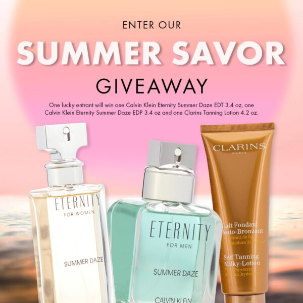 Ends 8/31#Win FREE Calvin Klein Eternity Summer Daze EDP 3.4oz; Calvin Klein Eternity Summer Daze EDT 3.4oz; Clarins Tanning Lotion 4.2oz!!