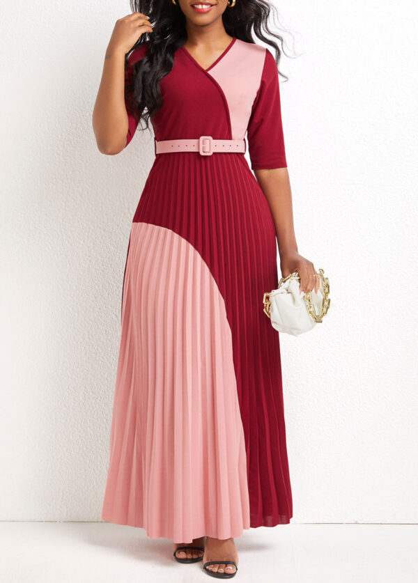 Pleated Belted V Neck Deep Red Maxi Dress | Rosewe.com