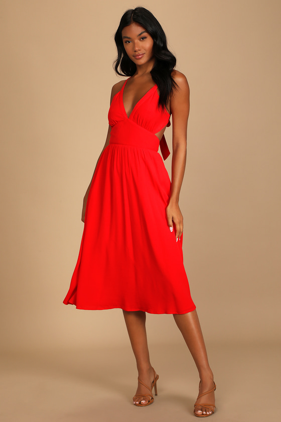 Bright Red Midi Dress – Tie-Back Dress – Midi Dress with Pockets