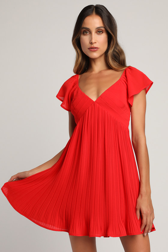 Red Mini Dress – Pleated Mini Dress – Flutter Sleeve Dress