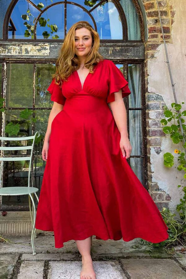 Red Butterfly Sleeve Bias Midi Dress
– Aulieude