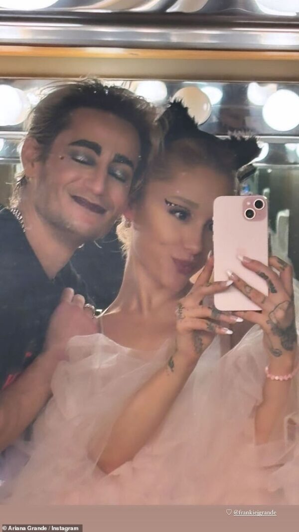 Ariana Grande gets into the Halloween spirit in a cat-ear headband as she and brother Frankie dress up with friends… after finalizing her divorce