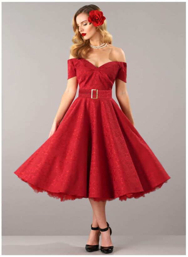 Dee Dee Red Satin Jacquard Full Circle Dress