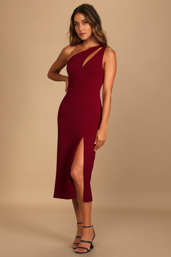 Burgundy Midi Dress – Asymmetrical Dress – One-Shoulder Dress