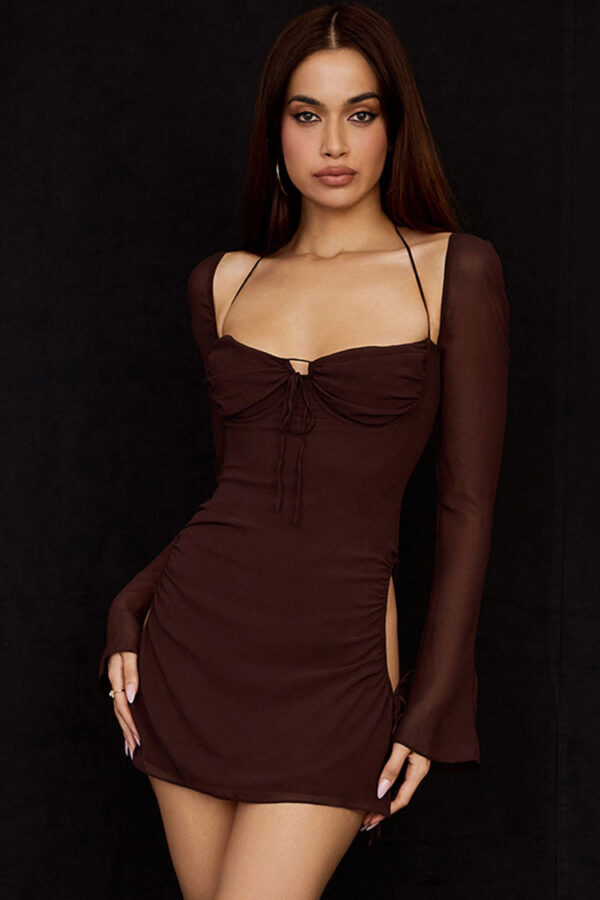 Darling Halter Neck Long Sleeve Cutout Club Mini Dress – Chocolate