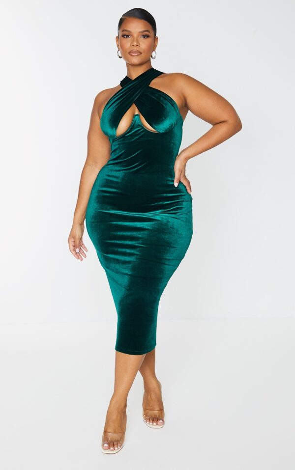 Plus Emerald Green Velvet Underwired Cross Front Midi Dress