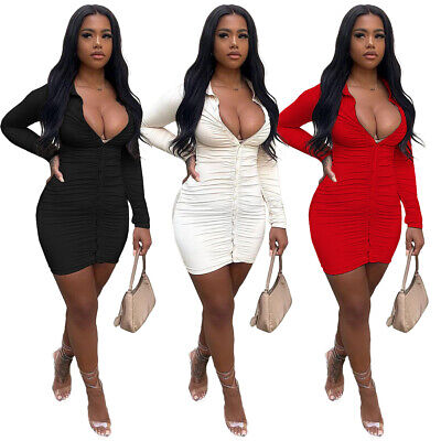 New Stylish Women Long Sleeves Button Pleated Patchwork Solid Club Dress Sexy