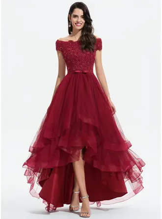 [CA$ 142.00] A-line Off the Shoulder Asymmetrical Lace Tulle Bridesmaid Dress With Beading Bow Sequins