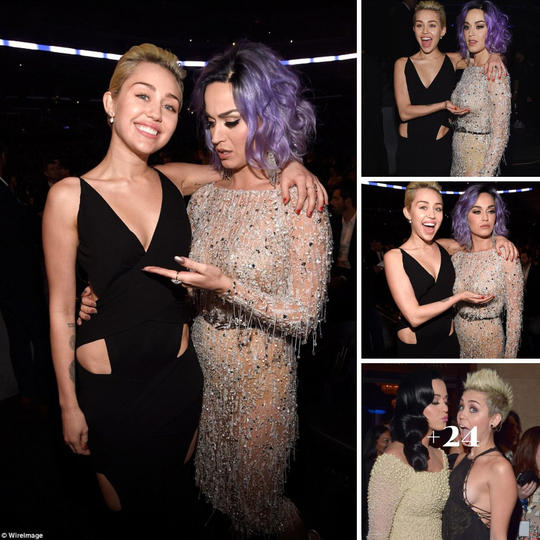 Miley Cyrus playfully fondles fellow pop princess Katy Perry’s chest at the Grammys