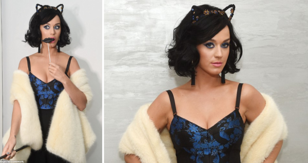 Meow! Katy Perry displays cleavage in revealing bodice as she wears playful cat ears at launch of her CoverGirl collection