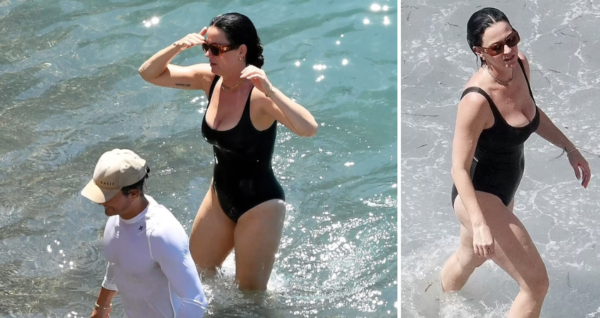 Katy Perry flaunts her enviable figure in a black one-piece as she enjoys a dip in the sea and relaxes on a lavish yacht