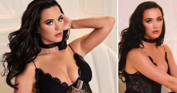 Katy Perry is a busty bombshell in a sheer lace corset top for Dolce & Gabbana's Devotion fragrance campaign