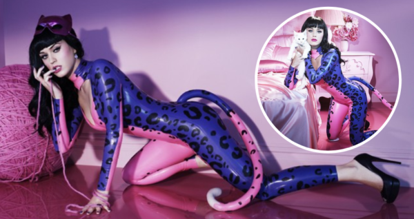 Katy Perry in a skin-tight spandex catsuit for Purr-fume
