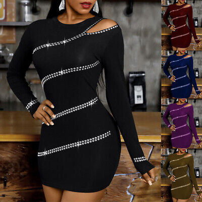 Hot Sale Sexy Women Solid Paillette Long Sleeves Bodycon Patchwork Club Dress