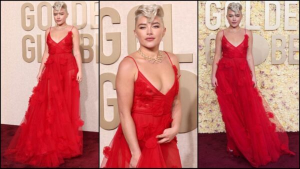 Golden Globes: Florence Pugh stuns in red Valentino dress and faux-hawk hair | Fashion Trends