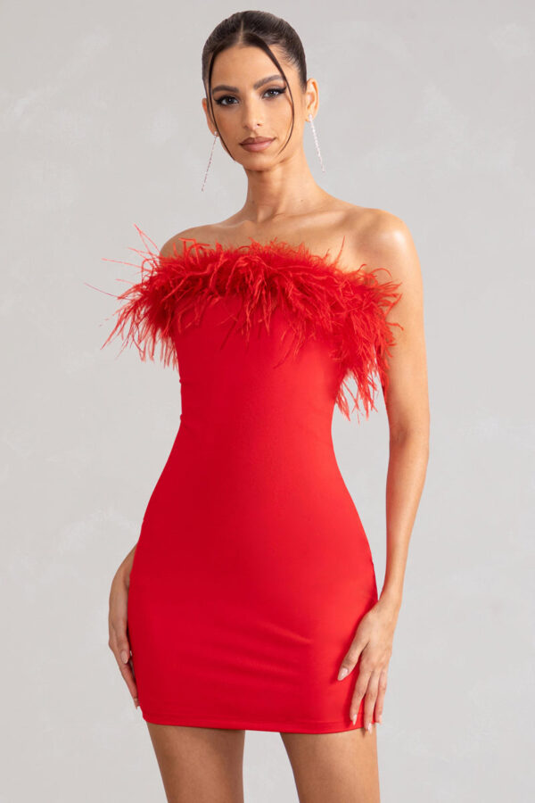 Stop The Show Red Feather Trim Strapless Bodycon Mini Dress – Club L London