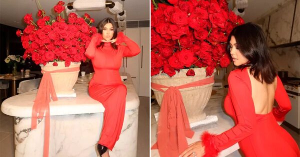 Kourtney Kardashian wows in skin-tight gown as she shows off Valentine’s flowers