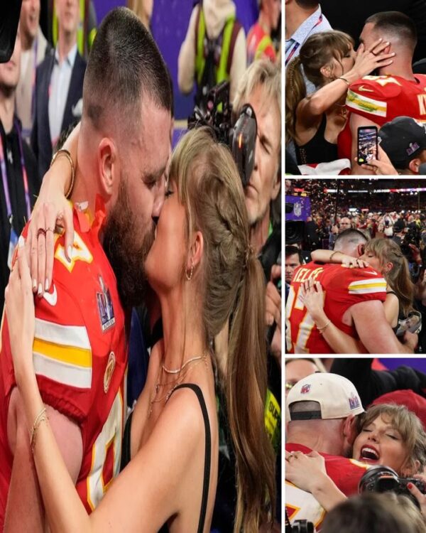 Following his Chiefs' victory over the 49ers in the Super Bowl, Taylor Swift gives Travis Kelce a kiss on the field. ????