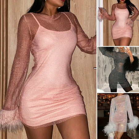 Aofa Boat Neck Long Sleeve Fluffy Cuffs Hip Wrap Bodycon Dress See-Through Shining Mesh Sexy Mini Dress Club Wear