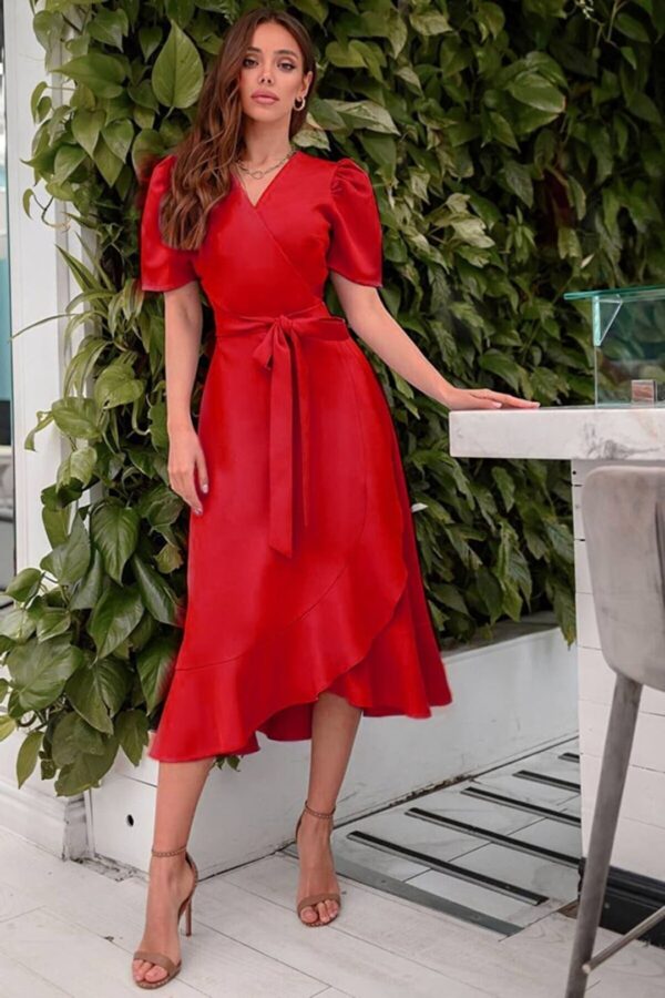 Belted Solid Midi Red Dress for Christmas, Short Sleeve Dress, Casual Wrap Dress, Evening Party Dresses, Mothers Day Gift – Etsy Canada