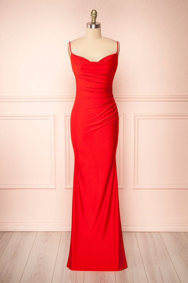 Kristen Red | Fitted Maxi Dress w/ Cowl Neck