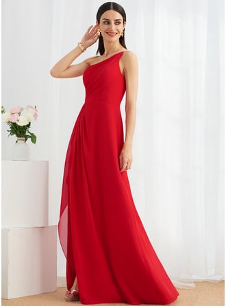 [CA$ 124.00] A-line One Shoulder Floor-Length Chiffon Bridesmaid Dress With Ruffle