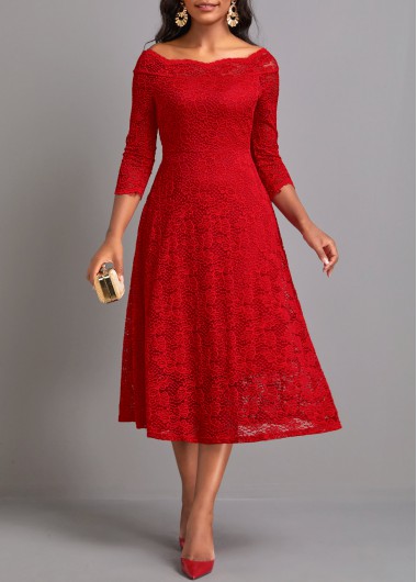Red Lace Three Quarter Length Sleeve Dress | modlily.com