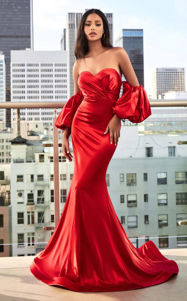 Ladivine CD983 Size 14 Red Long Fitted Satin Strapless Puff Sleeve For – Glass Slipper Formals