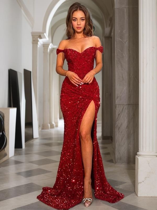 Sheath/Column Glistening Off-the-Shoulder Short Sleeves Sweep Train Velvet Sequins Dress Glamlora