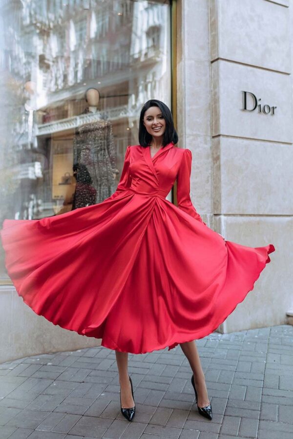 Red Dress With Full Circle Skirt, Wrap Silk Dress, Flowy Dress, Flared Dress, Long Sleeve Red Dress, Red Dress With Slit, Fit & Flare Dress