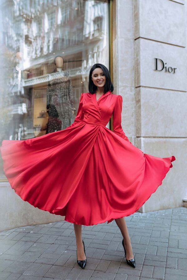 Red Dress With Full Circle Skirt, Wrap Silk Dress, Flowy Dress, Flared Dress, Long Sleeve Red Dress, Red Dress With Slit, Fit & Flare Dress – Etsy Canada