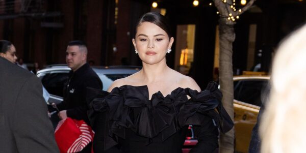 Selena Gomez Wears a Chic Off-The-Shoulder Dress to Steve Martin’s Documentary Release