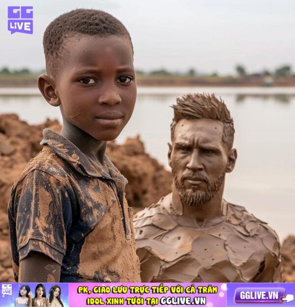 Cậu nhóc Châu Phi bên cạnh bức tượng Messi được làm bằng đất sét ❤️