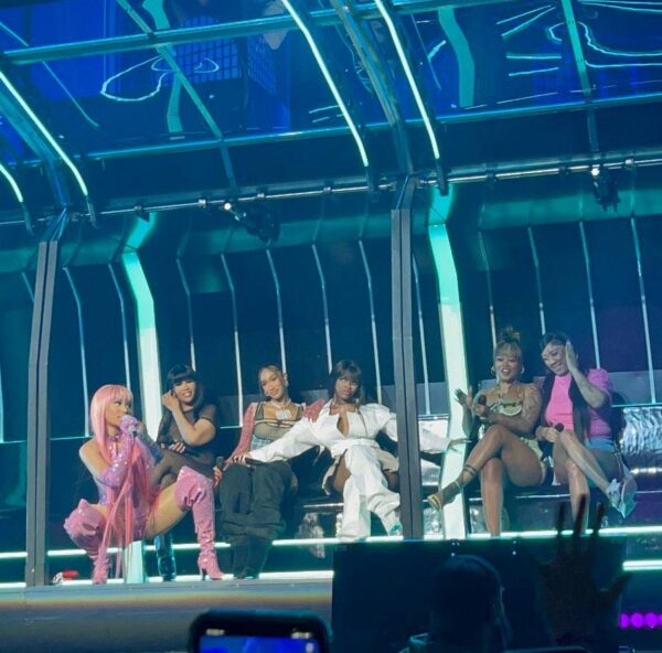 Nicki Minaj, JT, Bia, Akbar V, Katie Got Bandz & Maliibu Miitch on stage at the Pink Friday 2 World Tour in Boston tonig…