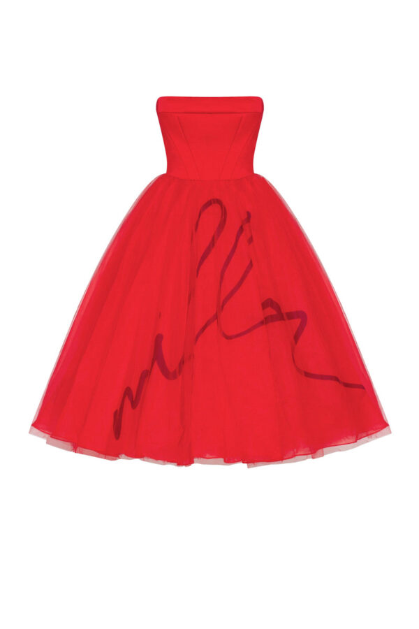 Dramatic red organza dress adorned with Milla’s signature and black gloves, Xo Xo ➤➤ Milla Dresses