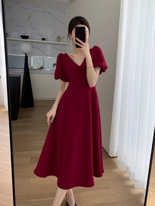 25.65US $ 28% OFF|Summer Elegant V Neck Puff Sleeve Red Dress for Women Casual A Line Wedding Birthday Party Vestidos Fashion Female Clothing