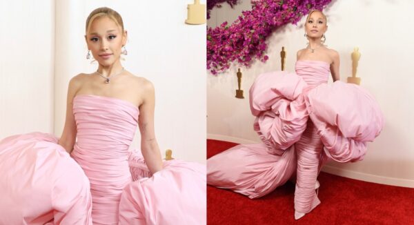 Ariana Grande’s Oscars Dress Pops With Pink Drama on the Red Carpet