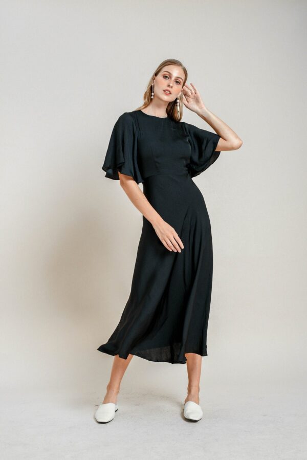 Adele Tea Length Dress / Midi Satin Dress / Flutter Sleeves Dress