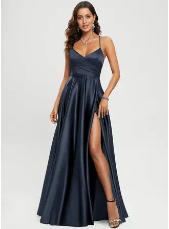 [CA$ 165.00] A-line V-Neck Floor-Length Satin Prom Dresses