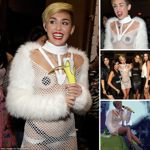 Miley Cyrus steps out in nipple pasties and fishnet dress after twerking and grabbing her crotch at iHeartRadio Music ‎