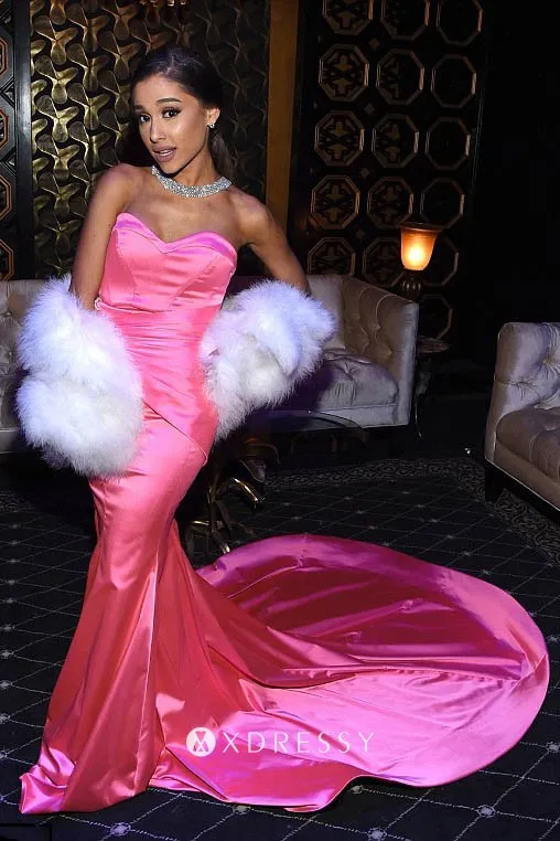 Ariana Grande Pink Satin Mermaid Long Train Dress